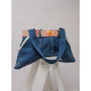 Rework Denim Tote Shoulder Bag With Cute Flower Belt